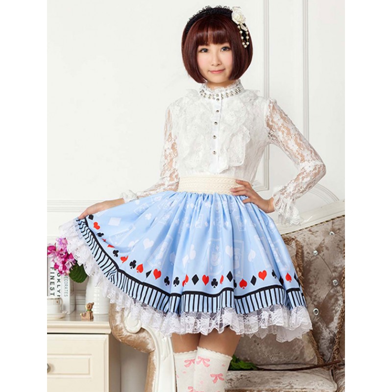 Light Blue Lace Printed Polyester Lolita Skirt For Girls Spring Daily Casual