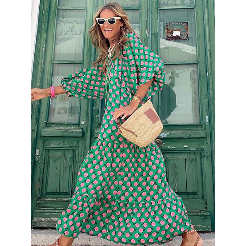 Women Jewel Neck Maxi Dress 3/4 Length Sleeves Casual Floral Print Long Dress Bohemian Spring Summer Fall