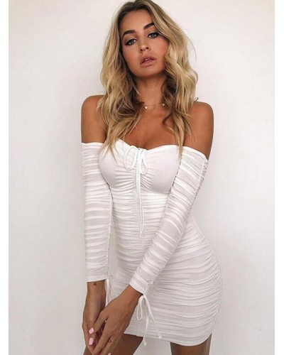 Women White Dresses Off The Shoulder Long Sleeve Slim Fit Sheath Wrap Dresses Sexy Short Wrap Dresses Bodycon Spring Summer