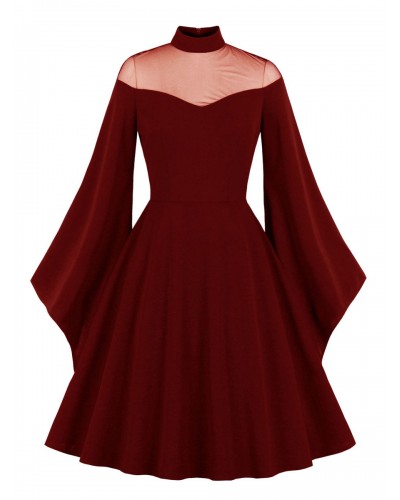 Women 1950s Audrey Hepburn Style Dress Burgundy Layered Long Sleeves High Collar Rockabilly Dress Vintage Daily Casual