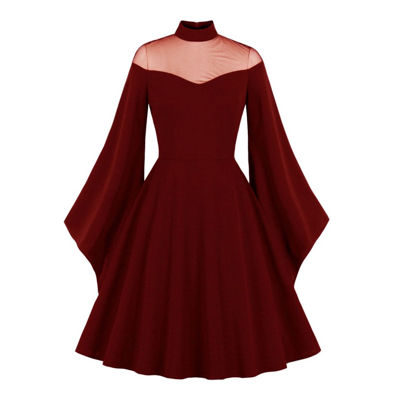 Women 1950s Audrey Hepburn Style Dress Burgundy Layered Long Sleeves High Collar Rockabilly Dress Vintage Daily Casual