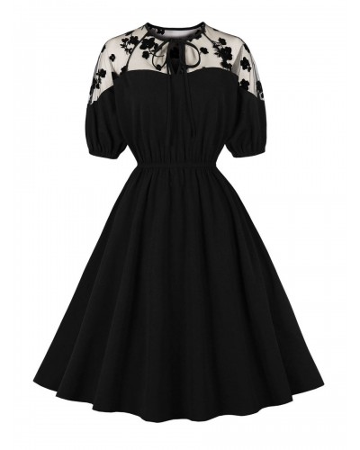 Women Retro Dress 1950s Audrey Hepburn Style Black Short Sleeves Swing Dress Bodycon Daily Casual