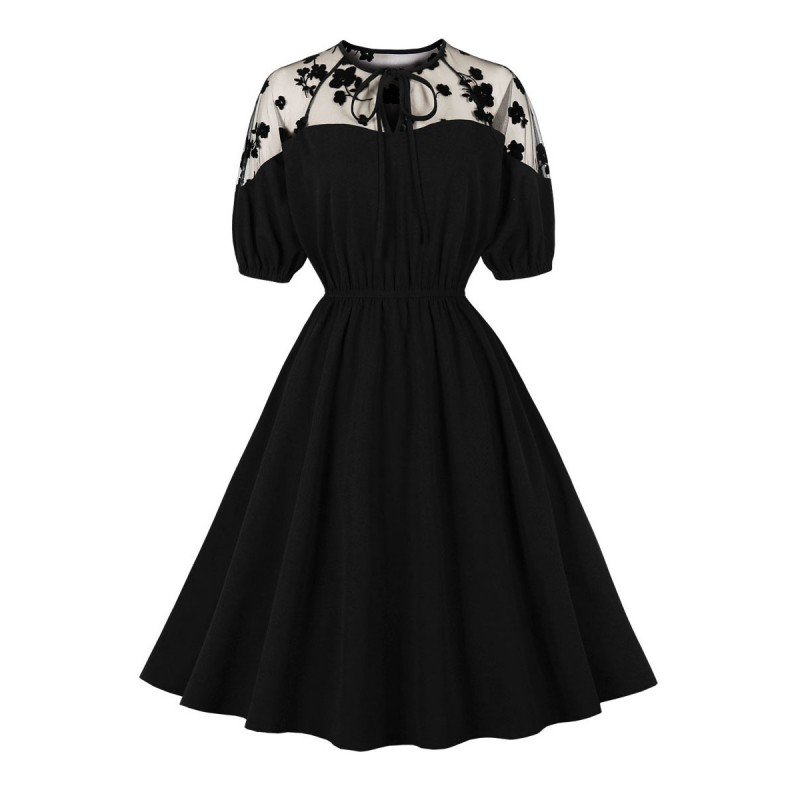 Women Retro Dress 1950s Audrey Hepburn Style Black Short Sleeves Swing Dress Bodycon Daily Casual