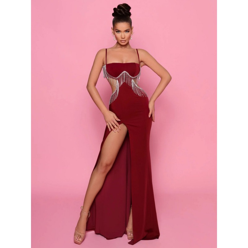 Women Party Dresses Burgundy Straps Neck Fringe Sleeveless Backless Semi Formal Dress Bodycon Spring Summer Fall