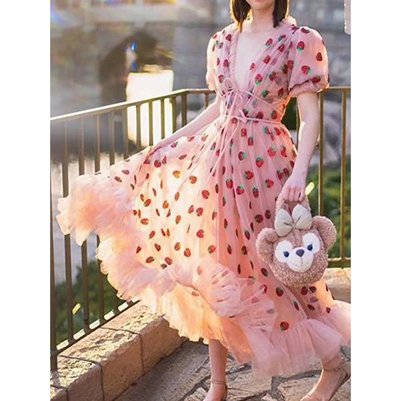 Women Maxi Dresses Short Sleeves Pink Printed V-Neck Tulle Strawberries Print Lace Up Long Dress Sweet Fall