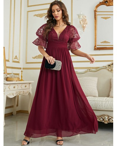 Dresses Burgundy V-Neck Lace Half Sleeves Semi Formal Dress Maxi Party