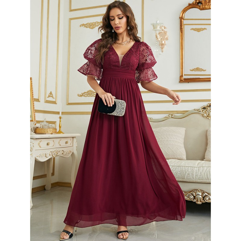 Dresses Burgundy V-Neck Lace Half Sleeves Semi Formal Dress Maxi Party