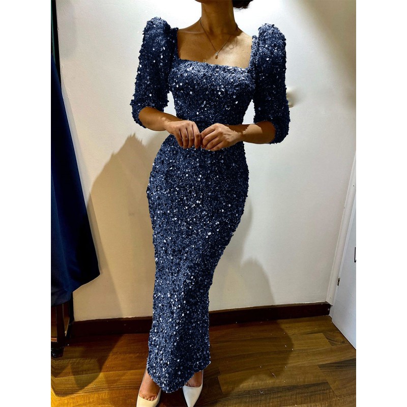 Women Birthday Party Dresses Blue Square Neck Half Sleeves Bodycon Long Semi Formal Dress Spring Summer Fall Winter