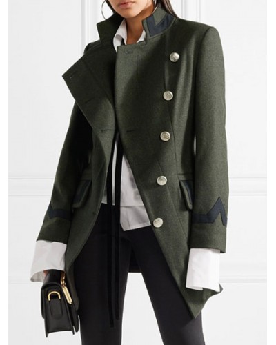 Women Military Wool Coat Asymmetrical Buttons Pockets Hunter Green Long Sleeve Coat Cozy Active Outerwear Chic  Modern Fall Winter Street Wear