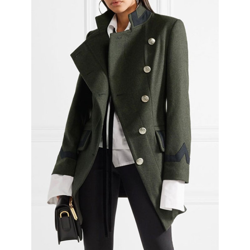 Women Military Wool Coat Asymmetrical Buttons Pockets Hunter Green Long Sleeve Coat Cozy Active Outerwear Chic  Modern Fall Winter Street Wear