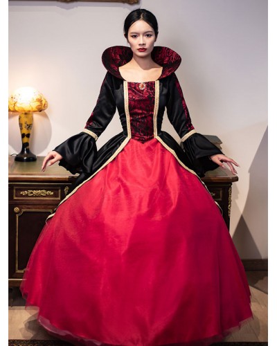 Women Burgundy Retro Costumes 's Lace Polyester Dress Marie Antoinette Costume Masquerade Ball Gown Tunic Vintage Royal