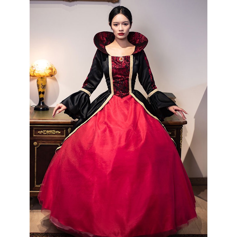 Women Burgundy Retro Costumes 's Lace Polyester Dress Marie Antoinette Costume Masquerade Ball Gown Tunic Vintage Royal