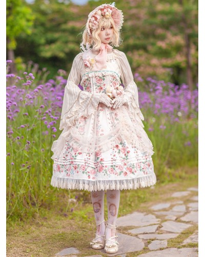 Classical Lolita Dress Cotton Sleeveless Floral Print Lolita Dresses Light Apricot Daily Casual Tea Party