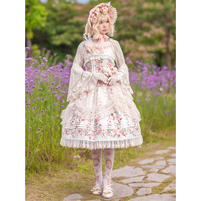 Classical Lolita Dress Cotton Sleeveless Floral Print Lolita Dresses Light Apricot Daily Casual Tea Party