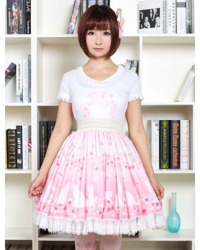 Cute Lolita Dress Pink Sakura Kitty Printed Lolita Skirt With White Lace Trim Shirring Sweet Summer Daily Casual