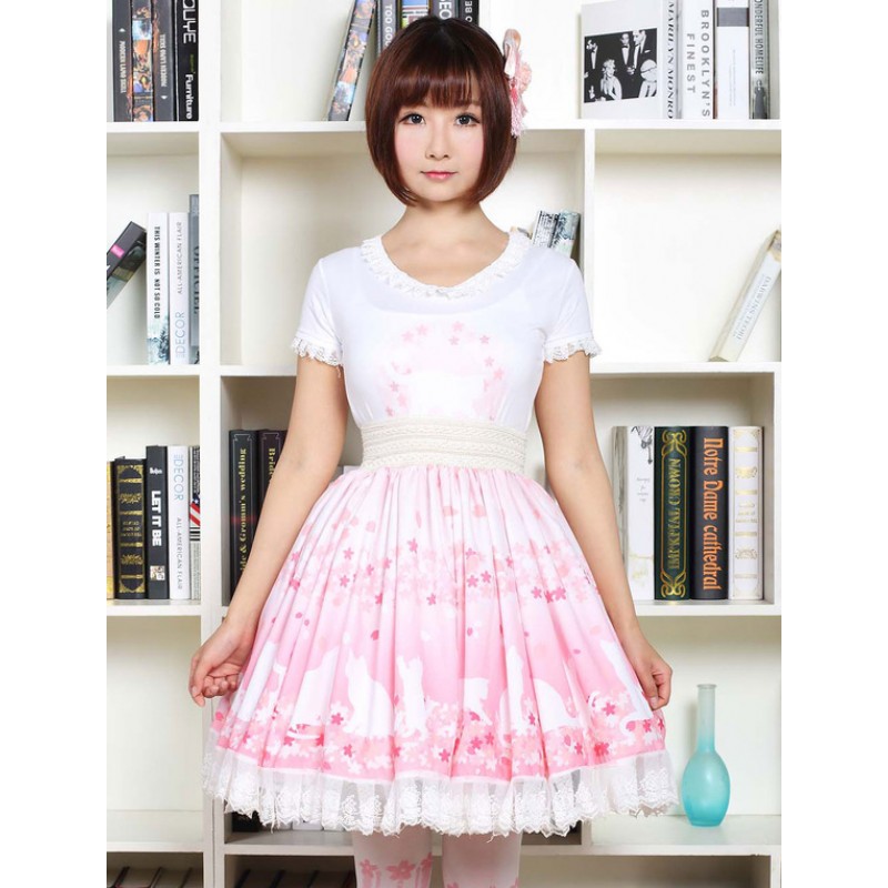 Cute Lolita Dress Pink Sakura Kitty Printed Lolita Skirt With White Lace Trim Shirring Sweet Summer Daily Casual