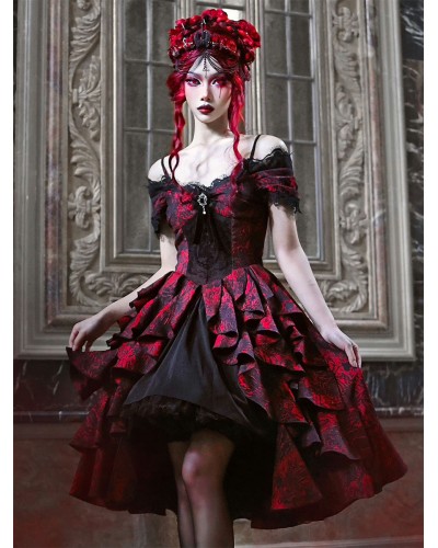 Gothic Lolita Dresses Lace Floral Print Red