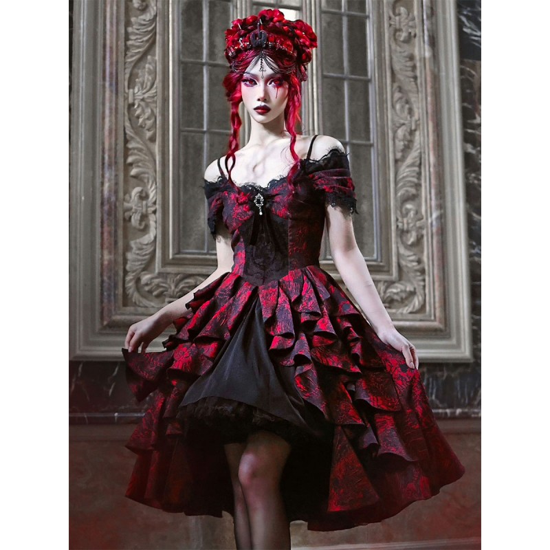 Gothic Lolita Dresses Lace Floral Print Red