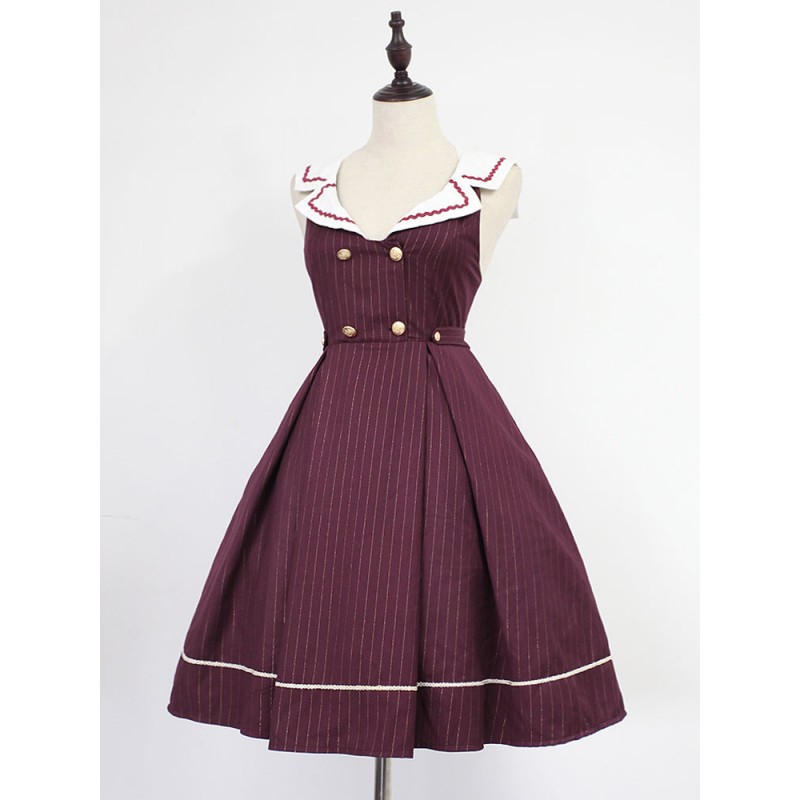 Classic Lolita Dress Neverland Morning Star Idol Academy JSK Burgundy Stripe Sailor Collar Lolita Jumper Skirt Original Design