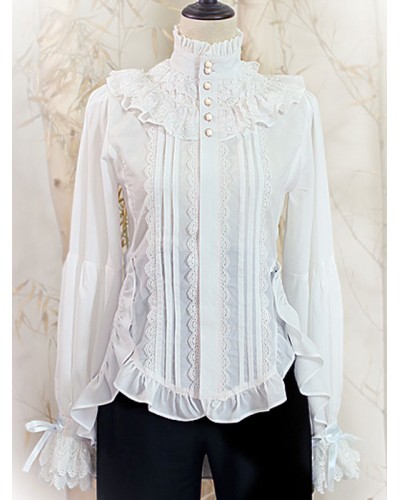 Lolita Bows Lace Long Sleeves Blouse Lolita Top White Lolita Shirt Blouses Steampunk Gothic Daily Casual Tea Party