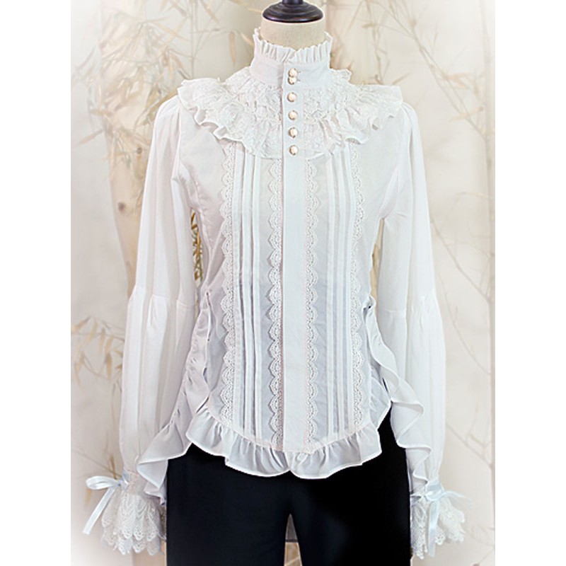 Lolita Bows Lace Long Sleeves Blouse Lolita Top White Lolita Shirt Blouses Steampunk Gothic Daily Casual Tea Party