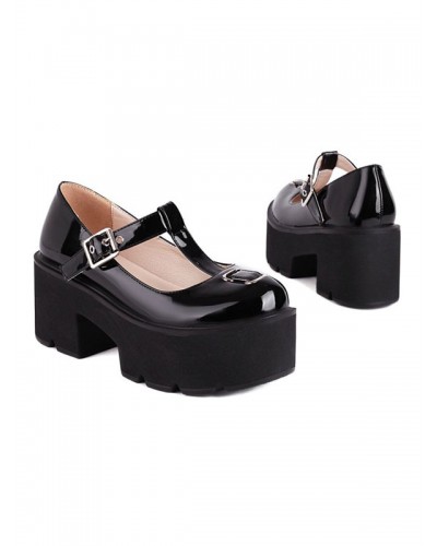 Lolita Pumps Black PU Leather Round Toe T-Strap Heels Lolita Shoes