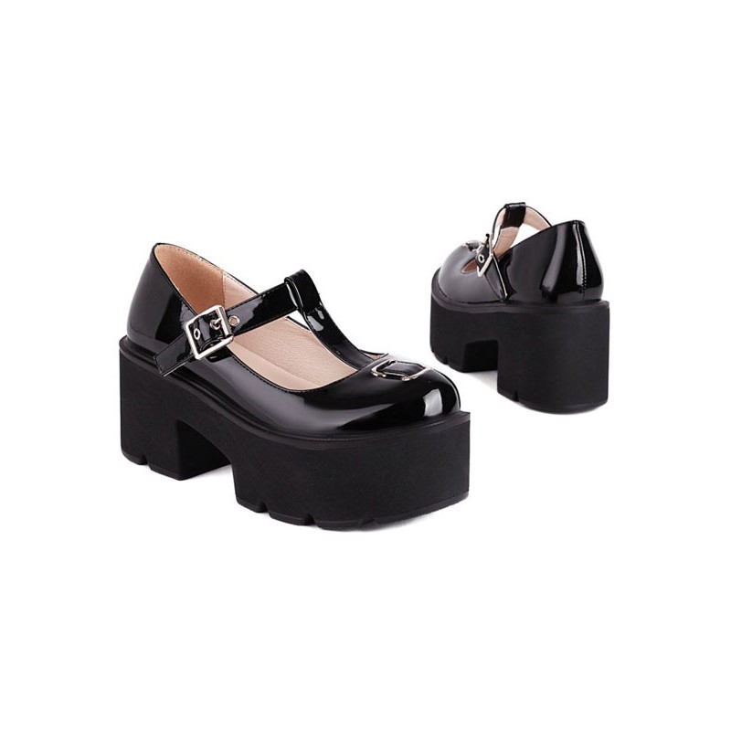 Lolita Pumps Black PU Leather Round Toe T-Strap Heels Lolita Shoes