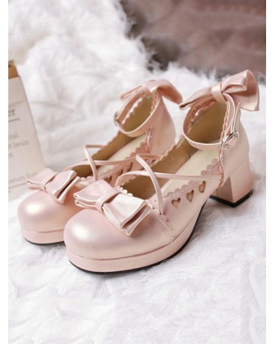 Sweet Lolita Pump Bow Sweetheart Cut Out Strappy Pink Chunky High Heel Lolita Shoes