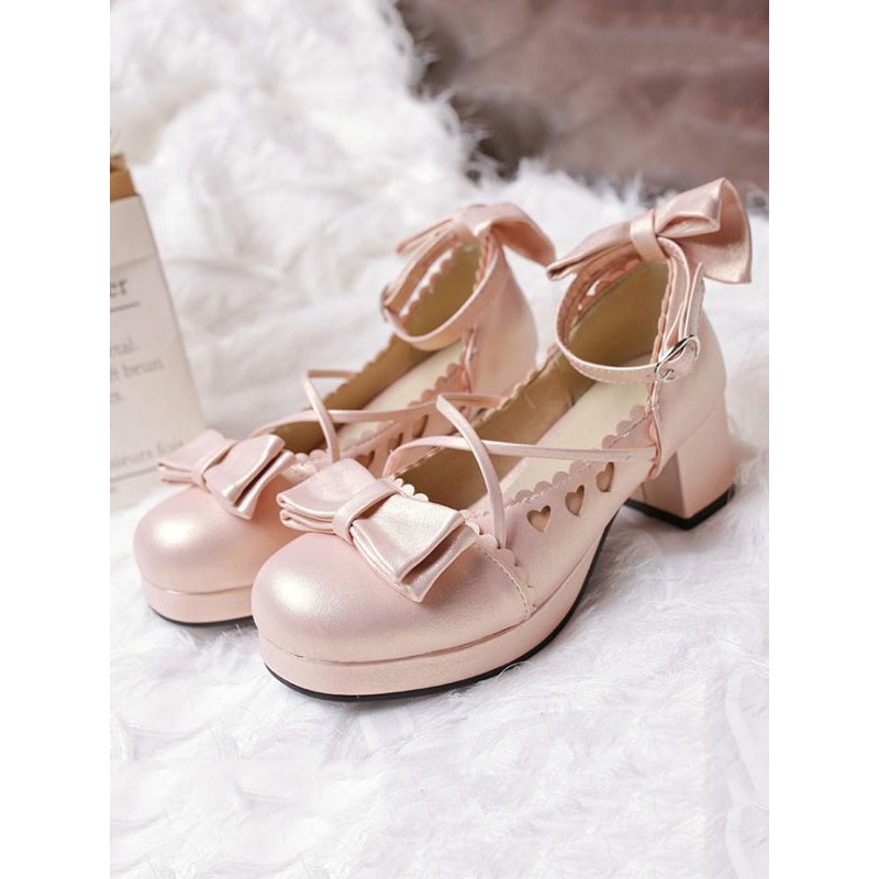 Sweet Lolita Pump Bow Sweetheart Cut Out Strappy Pink Chunky High Heel Lolita Shoes