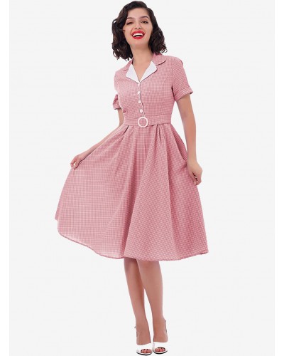 Barbie Pink Gingham Dress 1950s Audrey Hepburn Short Sleeves Plaid Dress Vintage Retro Spring Summer