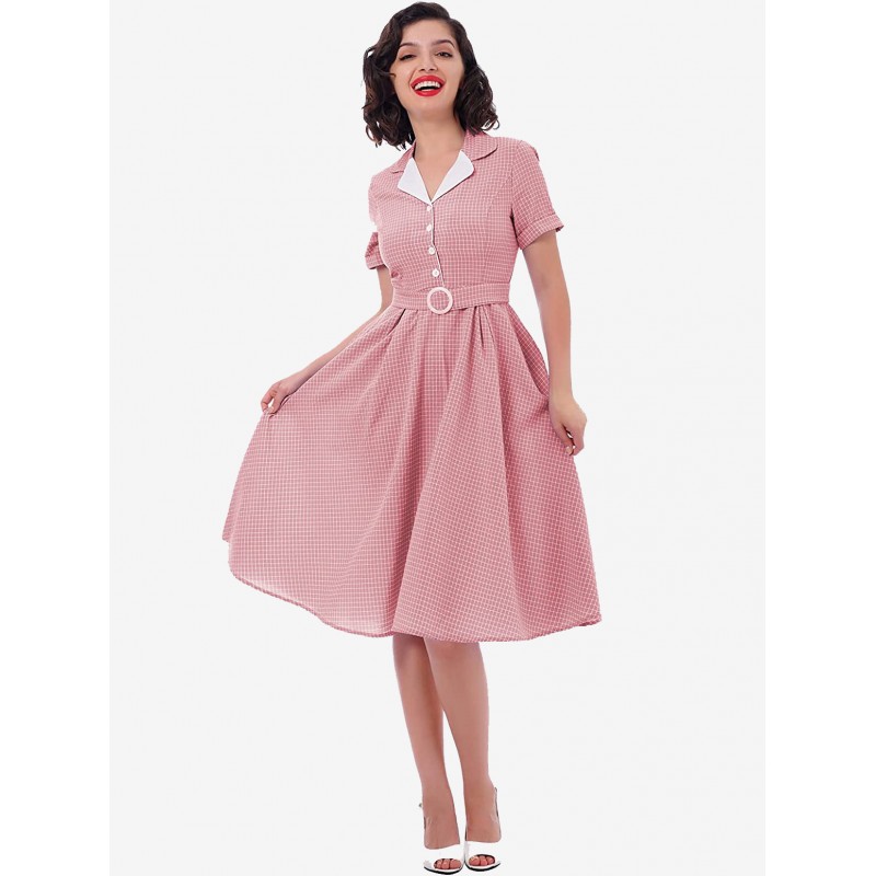 Barbie Pink Gingham Dress 1950s Audrey Hepburn Short Sleeves Plaid Dress Vintage Retro Spring Summer