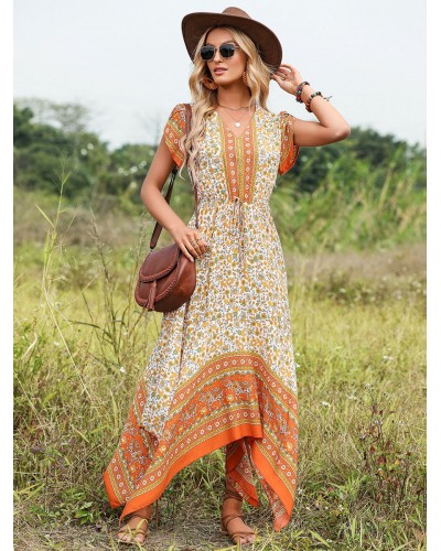 Boho Dress V-Neck Short Sleeves Floral Print Dress Maxi Beach Resort Wear