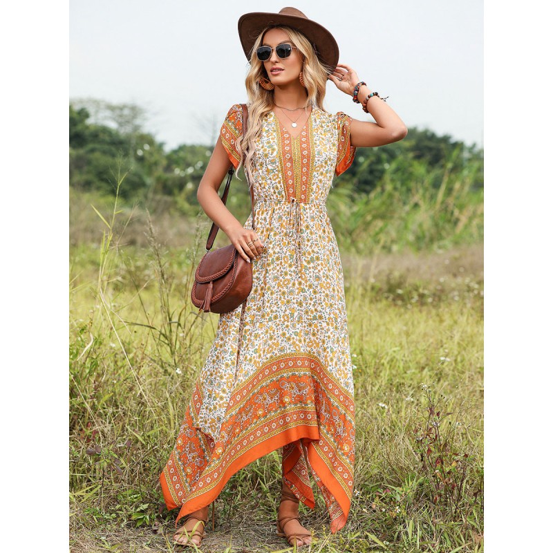 Boho Dress V-Neck Short Sleeves Floral Print Dress Maxi Beach Resort Wear