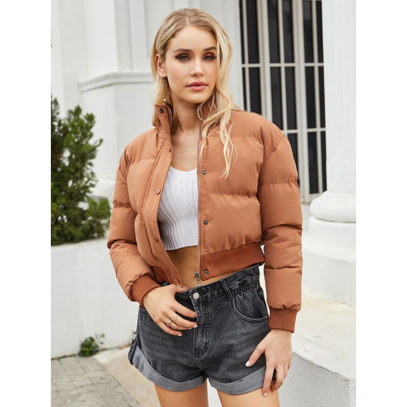 Women Puffer Coats Stand Collar Long Sleeves Zipper Outerwear Quilted Coat Fall Winter Street Wear Daily Casual