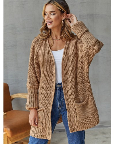 Women Sweaters Cardigans Camel Acrylic Pockets Long Sleeves V-Neck Casual Street Wear Daily Casual