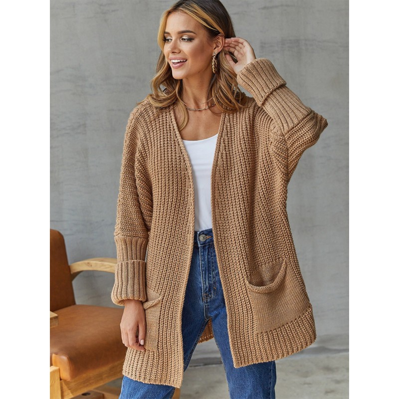 Women Sweaters Cardigans Camel Acrylic Pockets Long Sleeves V-Neck Casual Street Wear Daily Casual