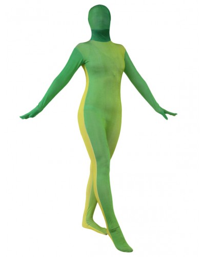 Women Green Split Color Zentai Suit Full Body Lycra Spandex Bodysuit For Leotard