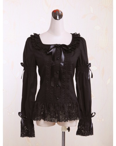 Black Square Collar Long Sleeves Cotton Lolita Blouse Daily Casual