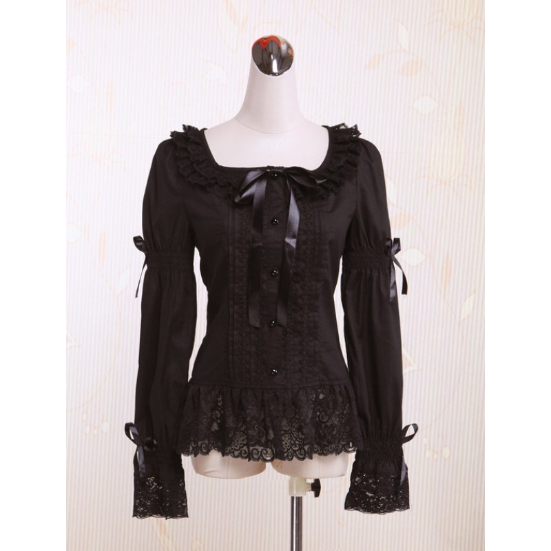 Black Square Collar Long Sleeves Cotton Lolita Blouse Daily Casual