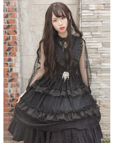 Classic Lolita Blouse Lace Trim Jacquard Ruffle Tulle Black Lolita Top Tops Classic  Traditional Tea Party