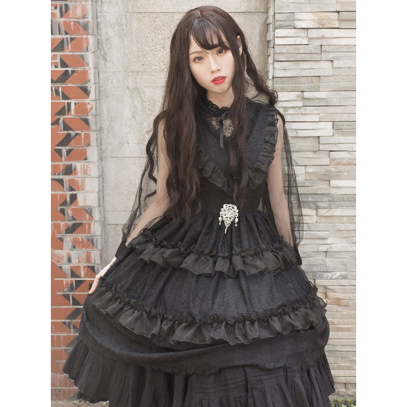 Classic Lolita Blouse Lace Trim Jacquard Ruffle Tulle Black Lolita Top Tops Classic  Traditional Tea Party