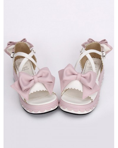 Sweet White Lolita Sandals Platform Pink Bows Ankle Straps Bows Lovely Halloween