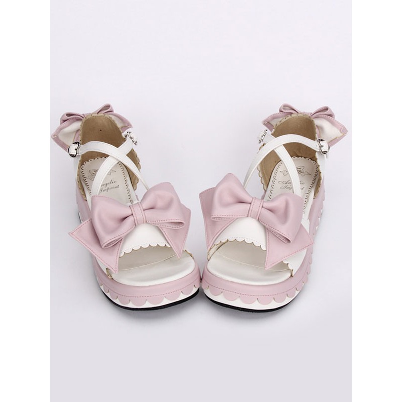 Sweet White Lolita Sandals Platform Pink Bows Ankle Straps Bows Lovely Halloween