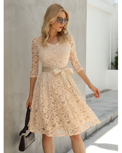 Skater Dresses V-Neck 3/4 Length Sleeves Ruffles Sexy Fit And Flare Dress Sweet Dating