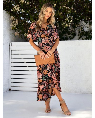 Print Midi Dresses Floral Print Layered Lace Up V-Neck Short Sleeves Casual Dresses Summer Beach Resort Wear