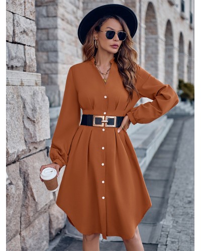 Women Dresses Brick Red V-Neck Buttons Long Sleeves Polyester Midi Dress Dresses Shirt Spring Fall