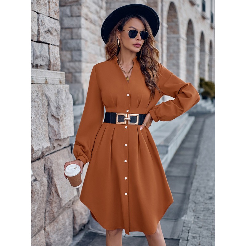 Women Dresses Brick Red V-Neck Buttons Long Sleeves Polyester Midi Dress Dresses Shirt Spring Fall