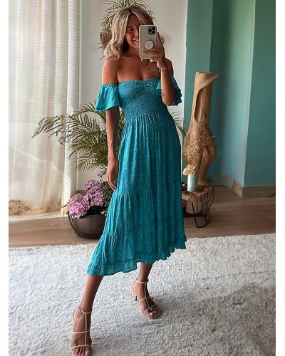 Dress Bateau Neck Pleated Layered Blue Medium Dress Summer Beach Street Wear Resort Wear