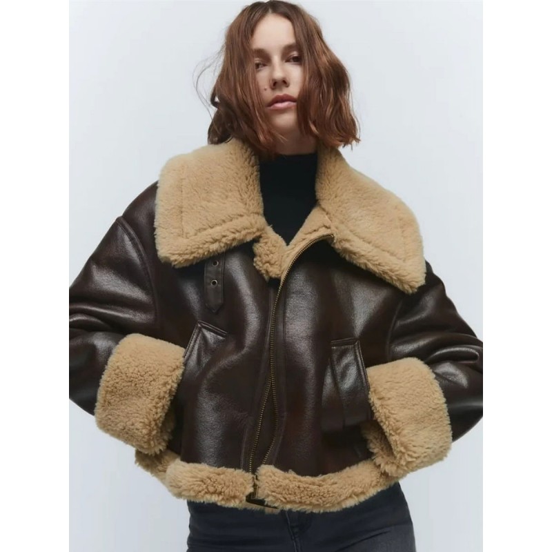 Women Double Sided Short Jacket Pu Leather 2023 Outerwear Moto Fall Winter Street Wear Field