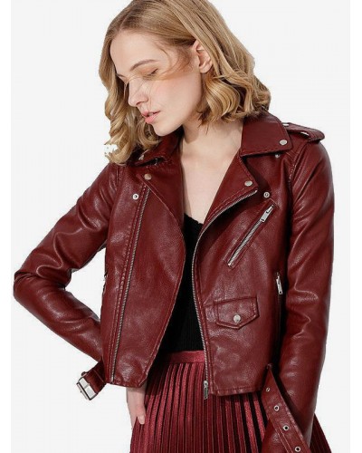 Faux Leather Moto Jacket Burgundy Zip Up Turndown Collar PU Boyfriend Style Slim Fit Long Sleeve Spring Fall Biker Outerwear For Women Classic  Traditional Casual